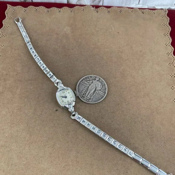 Vintage Bulova Diamond Watch 23 Jewel MVT.10K White Gold Filled Spinel Bracelet - Picture 5 of 7